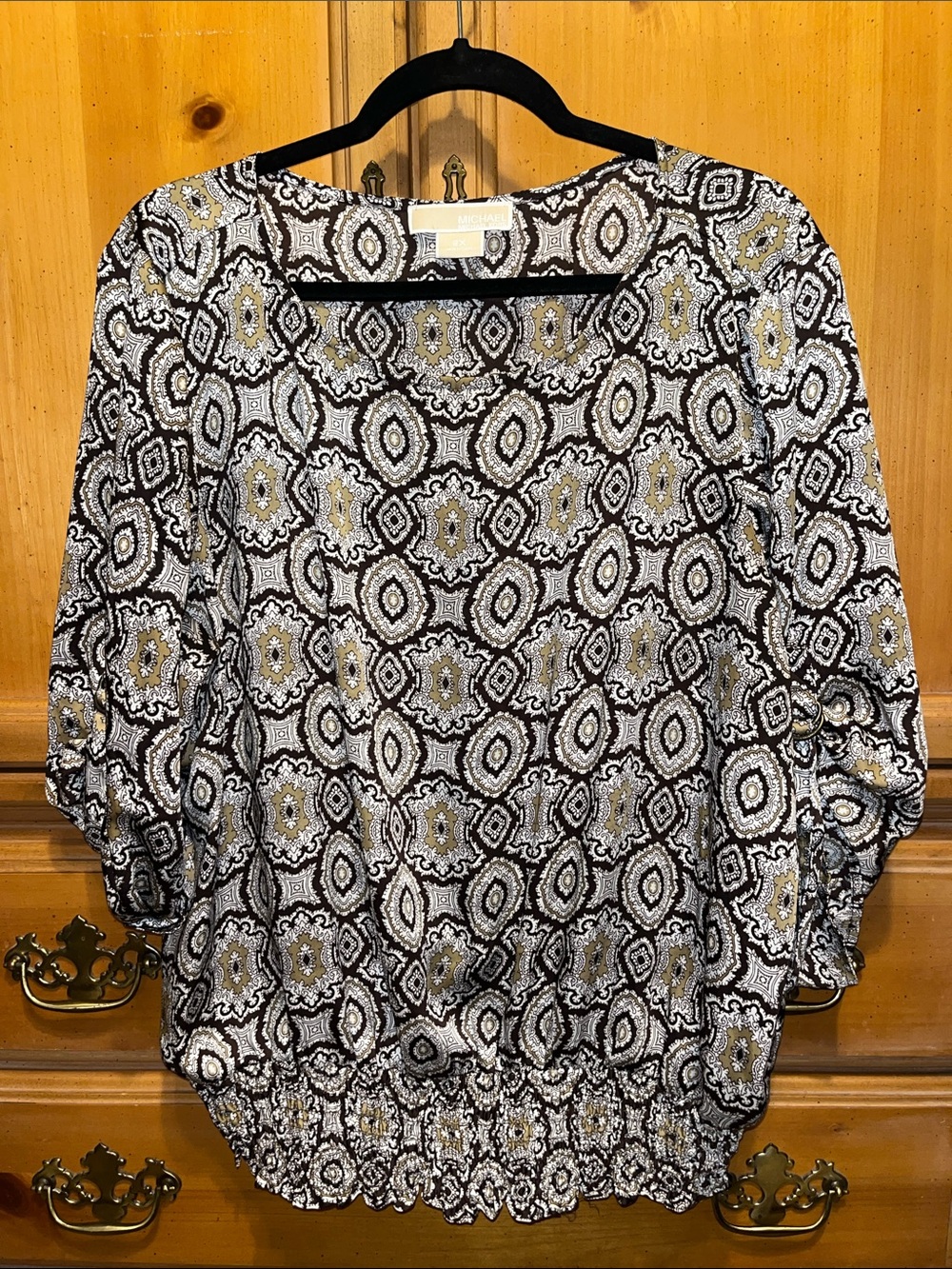 Michael Kors Brown Olive Medallion Smocked Hem Blouse Top 2X Plus Size EUC